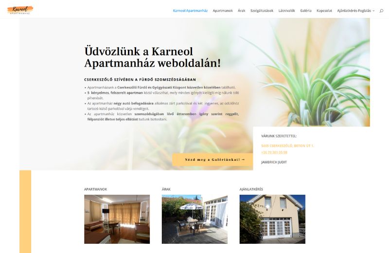 Karneol Apartmanház weboldala
